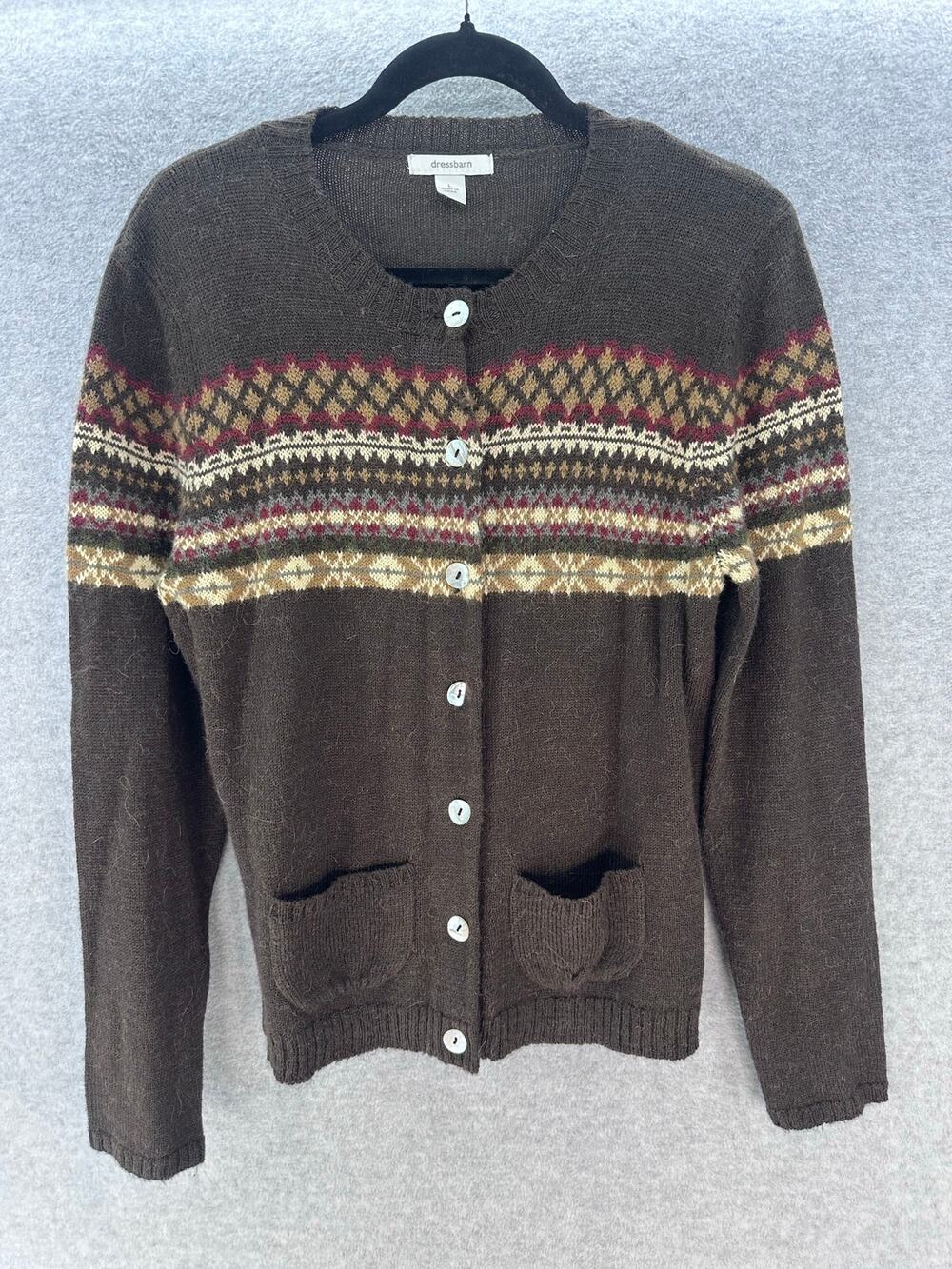 VTG Dressbarn Women's L Wool Brown Fair Isle Print Sweater Cardi Button Down Y2K